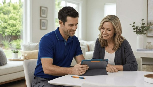 Plumber explaining repair options and pricing to a Brentwood homeowner