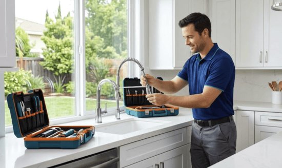 Professional plumber repairing a kitchen faucet in a Brentwood, CA home with professional tools