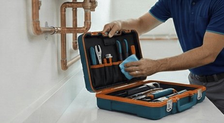 Professional plumbing tools and equipment laid out near copper piping during a pipe repair job