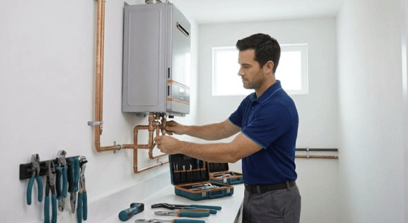 Licensed plumber installing a tankless water heater with copper piping in a Brentwood, CA home