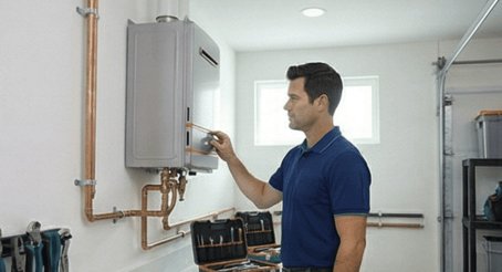 Plumber inspecting and repairing a wall-mounted tankless water heater in Brentwood